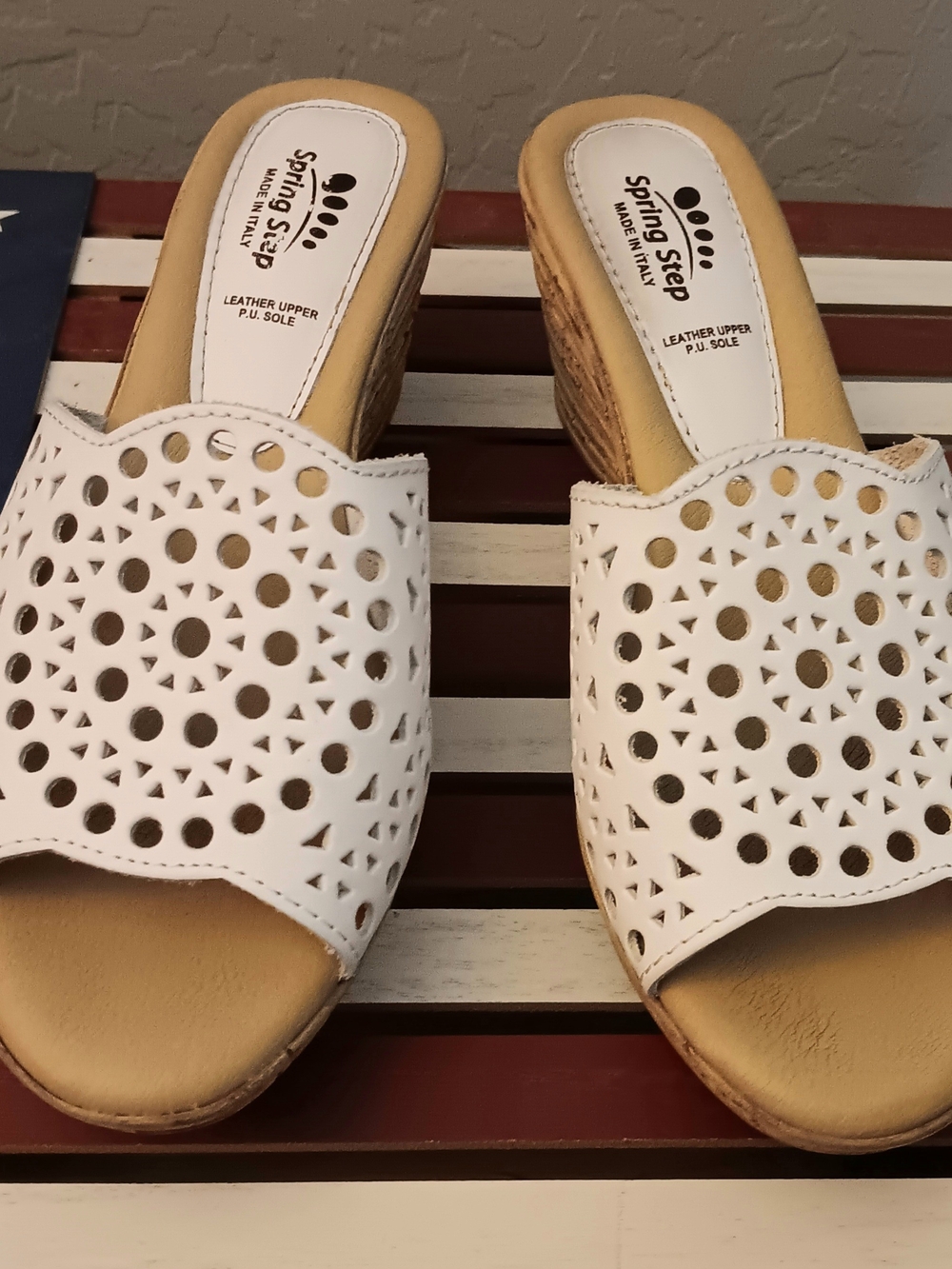Spring Step White Laser-Cut Wedge Slide Mules
